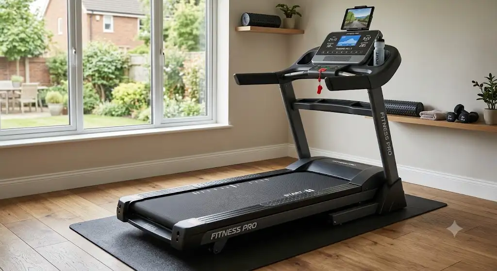 Tapis de course fixe haute performance installé dans un espace fitness à domicile