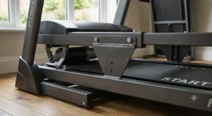 Gros plan sur le châssis en acier renforcé d'un tapis de course fixe