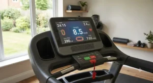 Console numérique d'un tapis de course fixe affichant les données d'entraînement