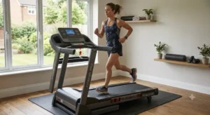 Utilisatrice effectuant une séance de course à pied sur un tapis de course fixe