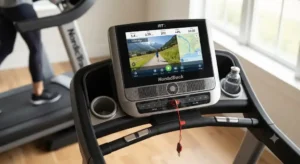 Gros plan sur la console tactile et interactive iFit d'un tapis de course NordicTrack pour le suivi de l'entraînement
