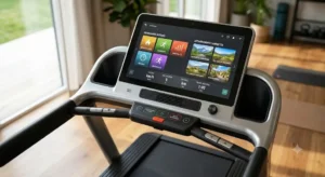 Console connectée avec écran tactile affichant les programmes d'un tapis de course interactif