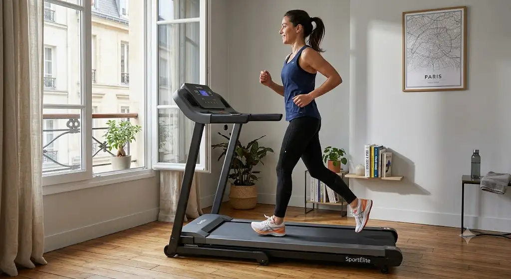 Femme s'entraînant à la maison sur un tapis de course pliable moderne.