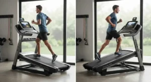 Sportif en train de tester l'inclinaison et le déclin automatiques sur un tapis de course NordicTrack