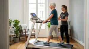 Séance de marche rapide et douce sur un tapis de course adapté aux débutants et séniors