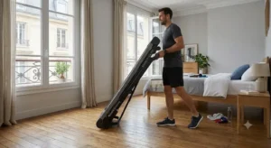 Déplacement facile d'un tapis de course pliable grâce à ses roulettes de transport intégrées.