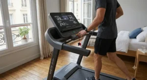  Tapis de course pliable compact équipé d'un écran LCD affichant la vitesse et les calories brûlées.