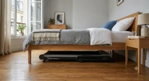 Tapis de course pliable ultra plat rangé sous un lit dans une chambre d'appartement.