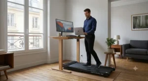 Homme travaillant sur un bureau debout tout en marchant sur un tapis de course pliable.