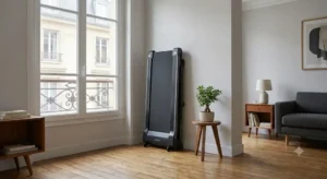 Tapis de course pliable replié à la verticale et rangé discrètement contre un mur du salon.