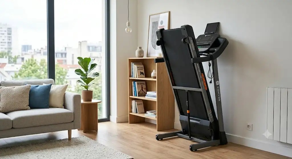 Illustration d'un tapis de course Domyos pliable compact rangé verticalement dans un appartement moderne.