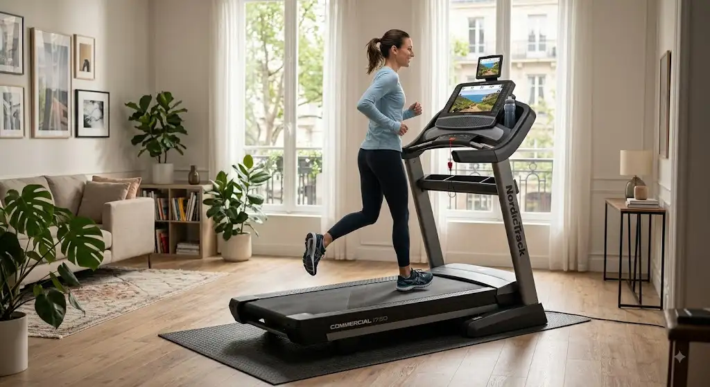 Tapis de course NordicTrack pliant installé dans un salon moderne pour le sport à domicile