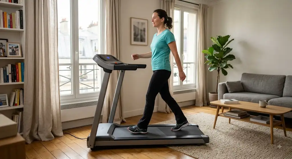 Tapis de course pour marcher en appartement, modèle compact et pliable installé dans un salon moderne.