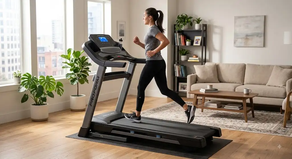 Femme s'entraînant à la maison sur un tapis de course running pliable gain d'espace