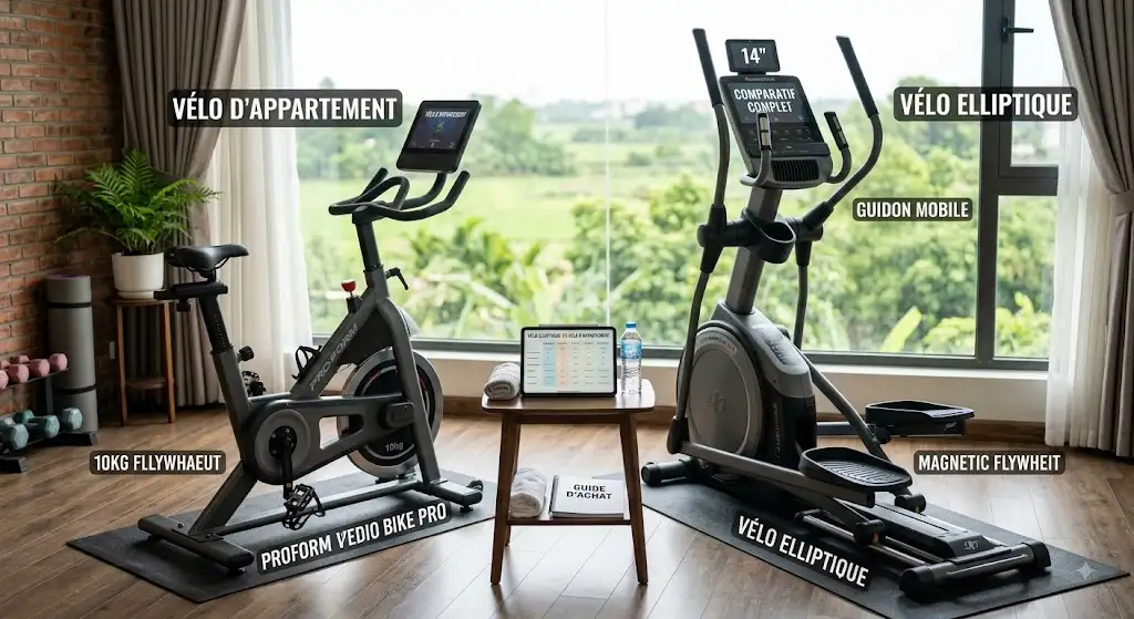 Comparatif visuel entre vélo elliptique ou vélo d'appartement pour choisir son appareil de fitness à domicile