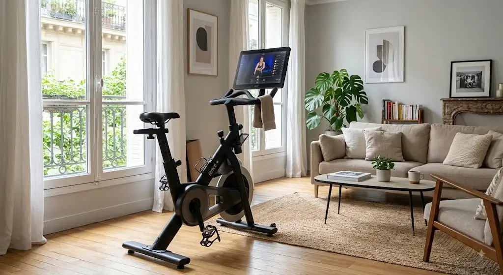 Un vélo d'appartement moderne installé dans un salon lumineux pour s'entraîner à la maison.