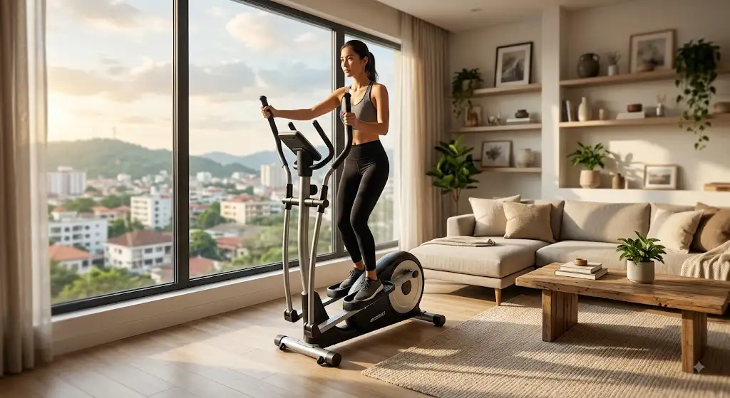 Vélo elliptique compact installé dans un salon d'appartement moderne pour une séance de cardio à domicile