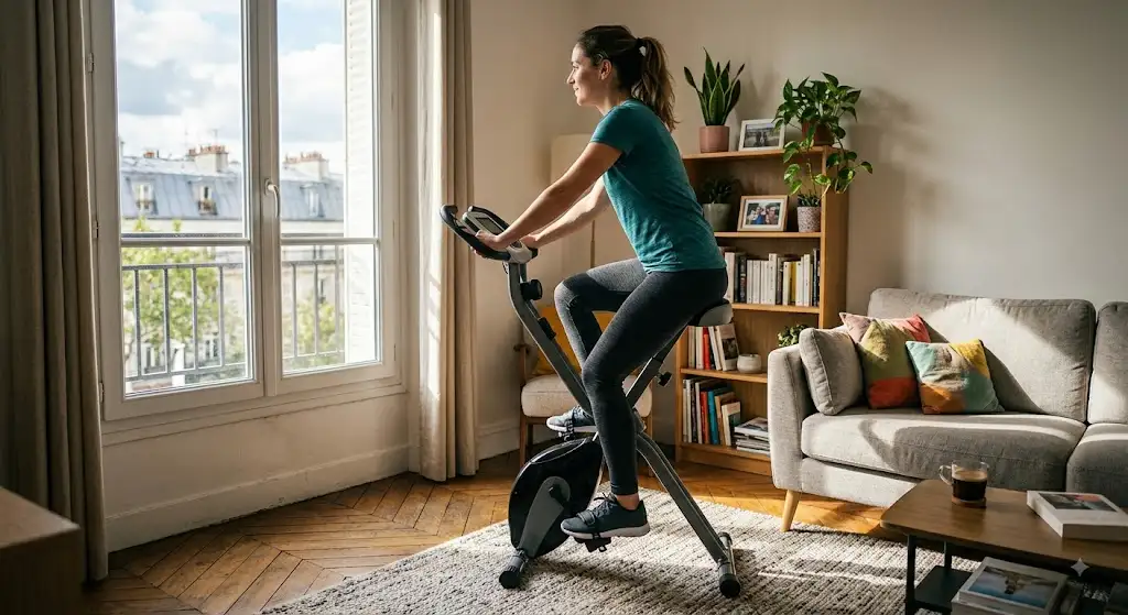 vélo d'appartement moins de 200 euros installé dans un petit salon pour s'entraîner à la maison