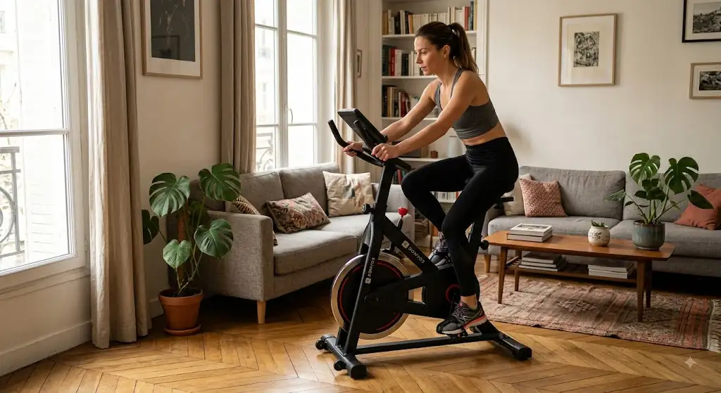 Vélo d'appartement Domyos installé dans un salon pour une séance de sport à domicile vélo domyos