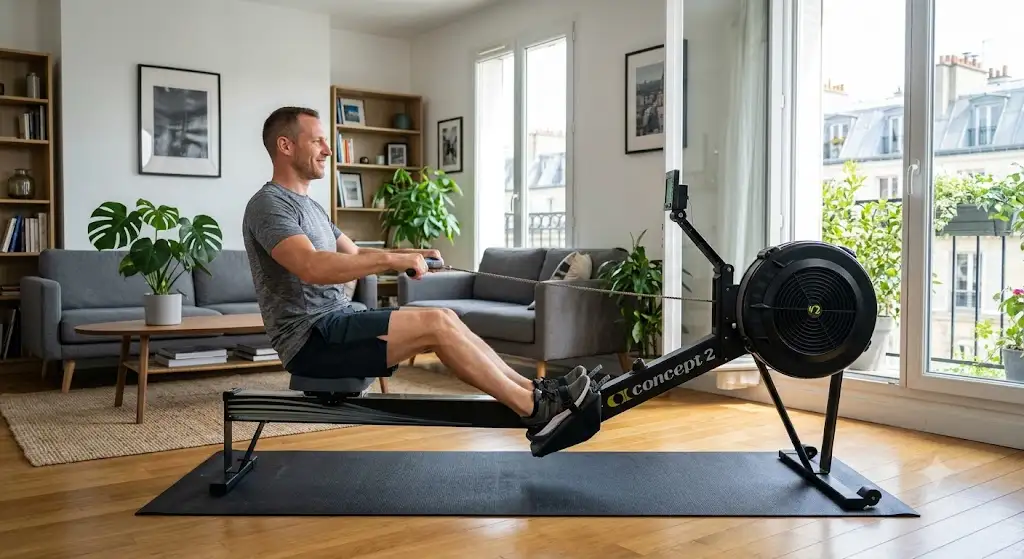 Illustration d'un homme utilisant un rameur pour débutant dans un salon moderne avec une bonne posture