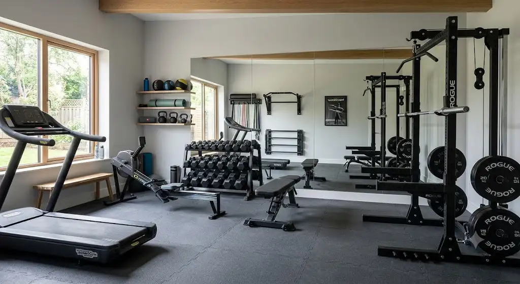 Aménagement complet d'une salle de sport à domicile moderne avec grand miroir mural et sol amortissant