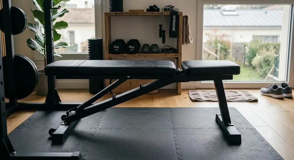 Banc de musculation pliable déplié en position plate pour séance de sport à la maison