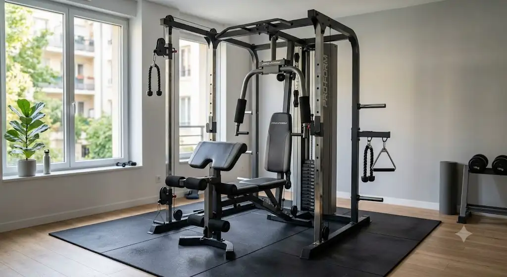 Vue d'ensemble d'une station de musculation multi-postes compacte pour un entraînement complet à domicile