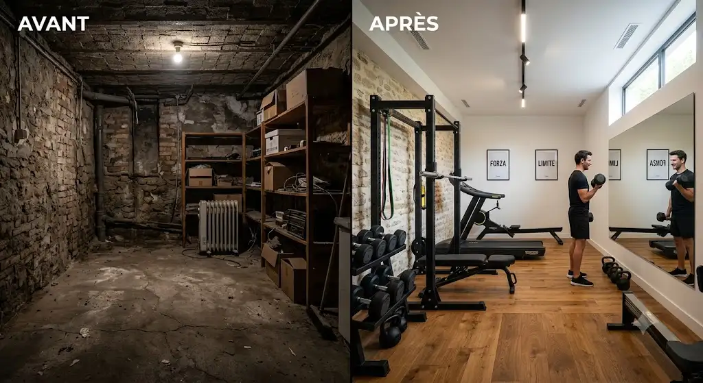 Rénovation complète : transformer une cave en salle de sport moderne avec miroir et parquet.