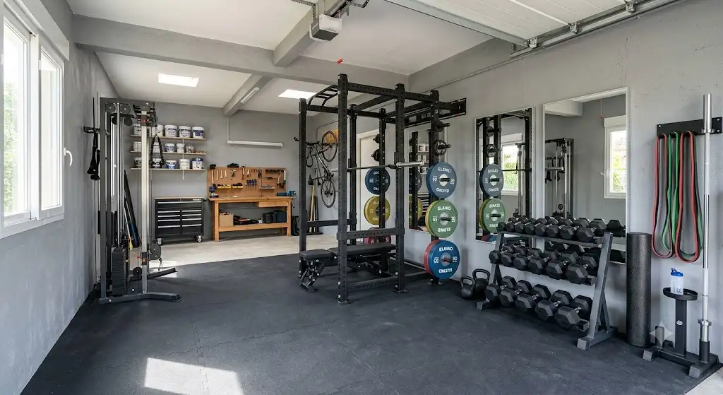 Aménagement complet d'un garage transformer un garage en salle de musculation moderne avec rack à squat et miroirs