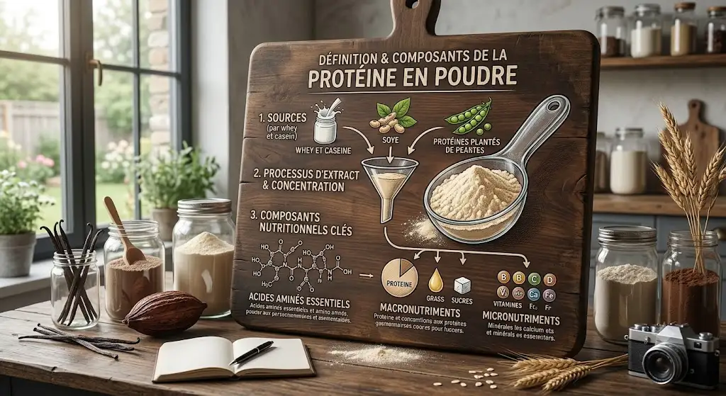 Illustration explicative sur la proteine en poudre et ses composants nutritionnels essentiels