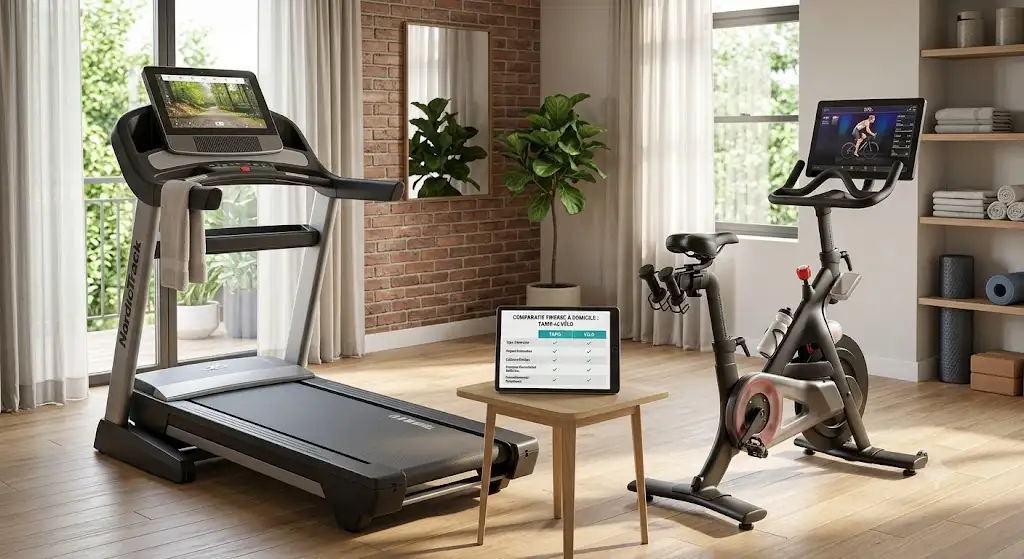 Illustration comparatice entre un tapis de course ou vélo d'appartement pour choisir son équipement de fitness à domicile