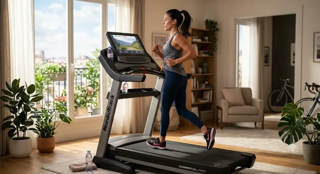 Femme courant à domicile pour perdre du poids avec un tapis de course moderne et connecté