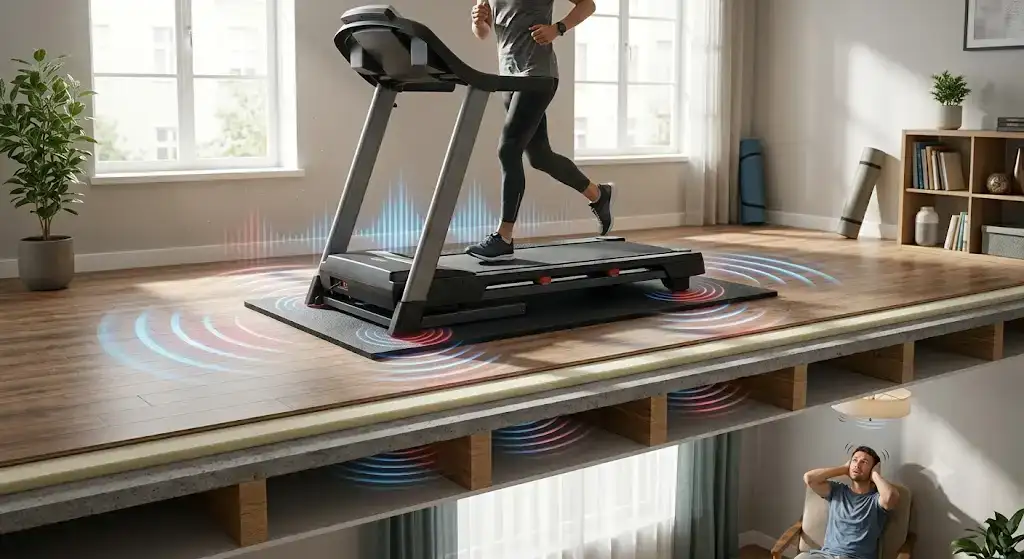 Illustration montrant l'impact des vibrations d'un tapis de course sur le plancher d'un appartement. (insonoriser un tapis de course)