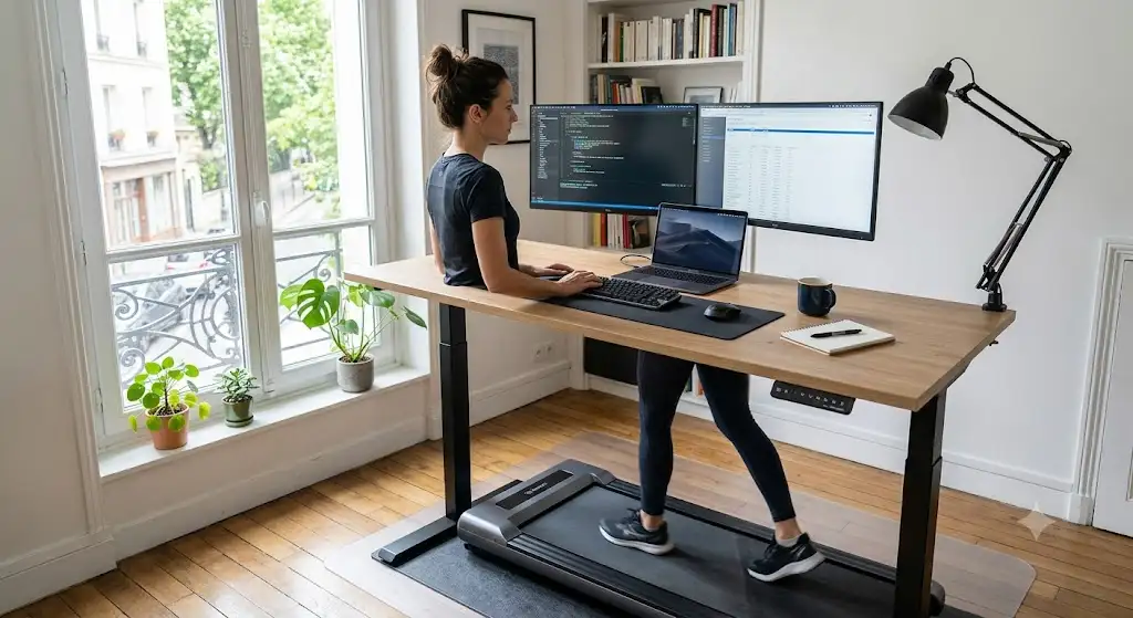 Un tapis de course bureau installé sous un bureau assis-debout électrique dans un espace de télétravail moderne.