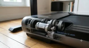 Vue détaillée du moteur ultra-silencieux d'un tapis de course bureau adapté aux appels téléphoniques.