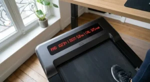 Écran LED intégré d'un tapis de course bureau affichant le nombre de pas, la distance et les calories brûlées.