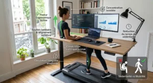Schéma explicatif des bienfaits ergonomiques et de la réduction de la sédentarité grâce au tapis de course bureau.