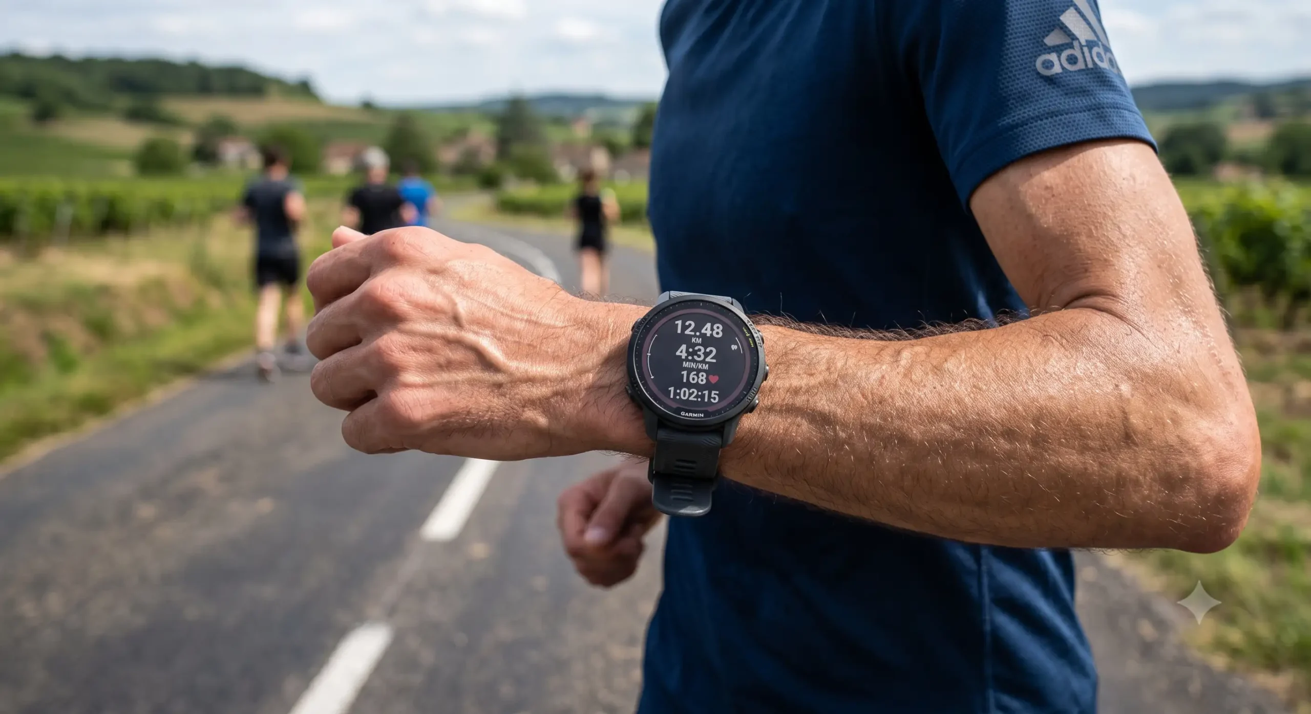 Gros plan sur une montre running GPS au poignet d'un coureur en plein entraînement sur route