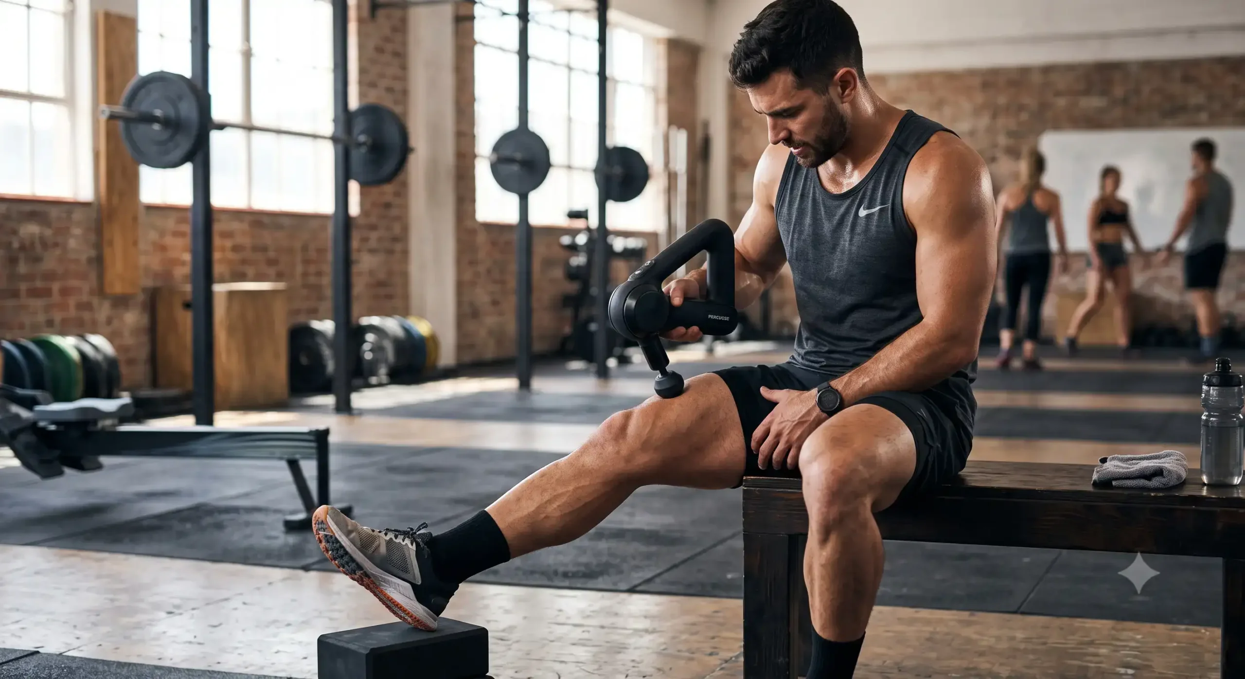 Sportif utilisant un pistolet de massage sur les quadriceps pour accélérer la récupération musculaire après l'entraînement.