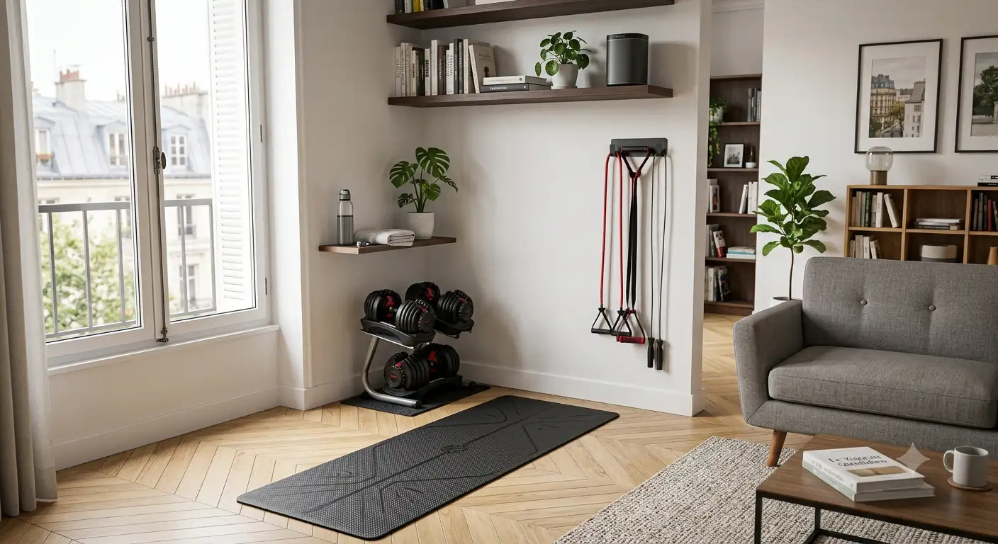 Coin home gym aménagé dans le salon d'un petit appartement avec un tapis de sol pliable et des haltères réglables home gym petit appartement