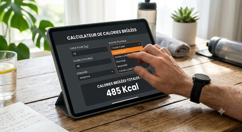 Interface d'un calculateur de calories brûlées selon l'activité physique et le poids corporel.