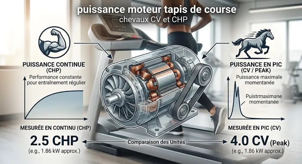 Schéma explicatif de la puissance moteur tapis de course mesurée en chevaux CV et CHP.