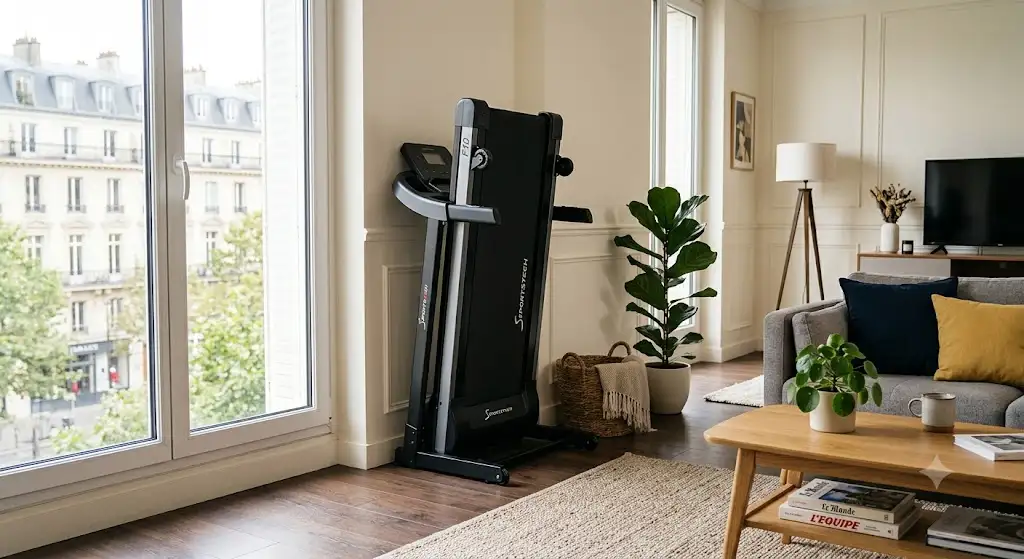 Tapis de course pliable compact installé dans un salon d'appartement moderne, idéal pour un entraînement à domicile. bon plan tapis de course