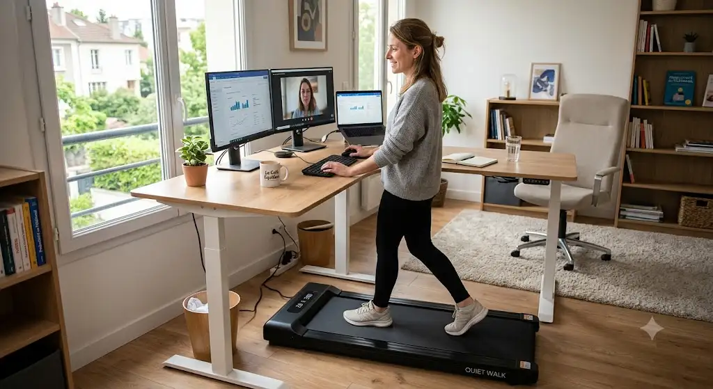 Femme en télétravail marchant sur un tapis de course silencieux sous son bureau d'angle. (tapis de course silencieux télétravail)
