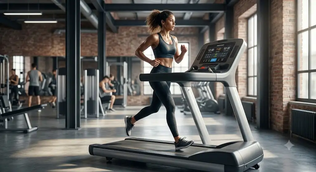 Sportive effectuant un entrainement de tapis de course HIIT en salle de sport
