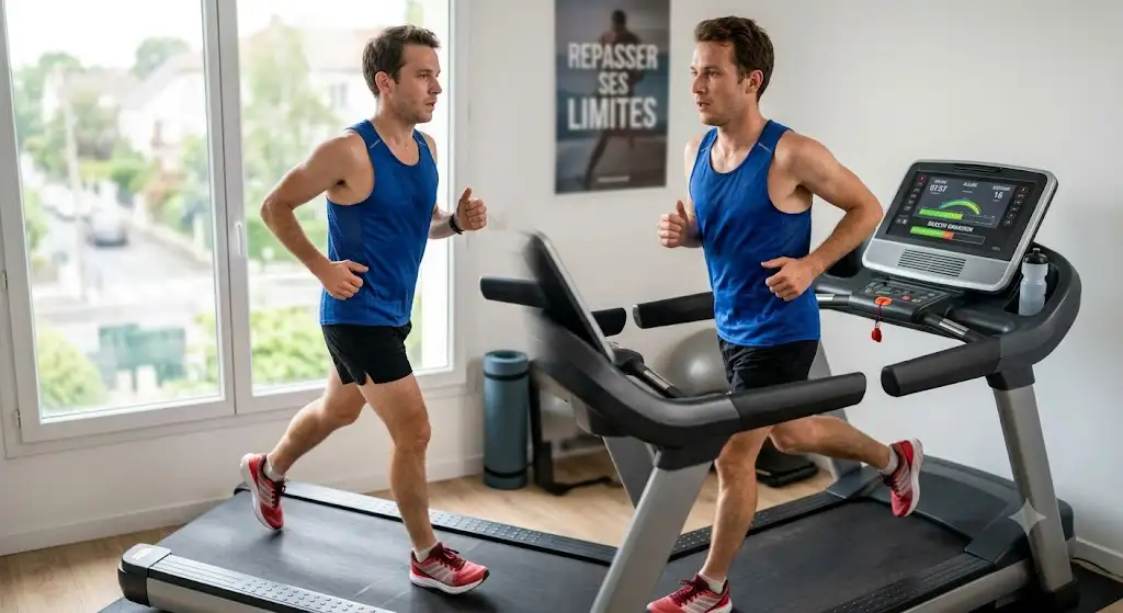 Coureur en plein entraînement sur un tapis de course marathon pour préparer sa course