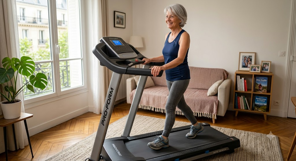 Femme senior souriante pratiquant la marche douce sur un tapis de course adapté à domicile tapis de course senior