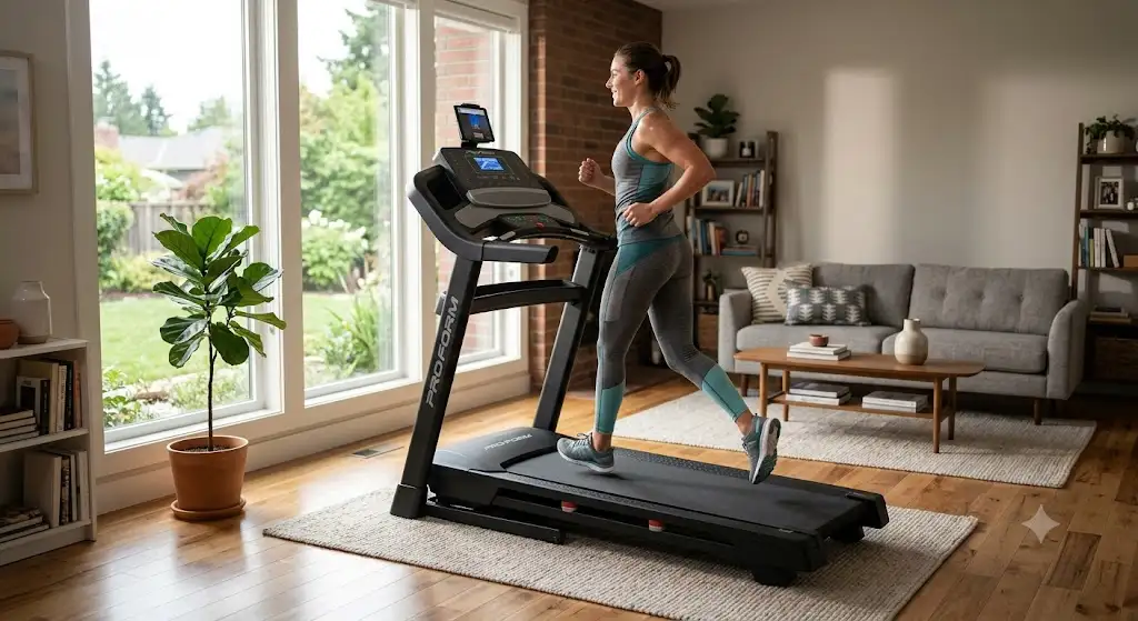 Tapis de course ProForm pliable installé dans un salon moderne pour le fitness à domicile
