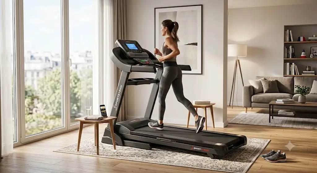 Tapis de course Sportstech installé dans un salon moderne pour une séance de fitness à domicile