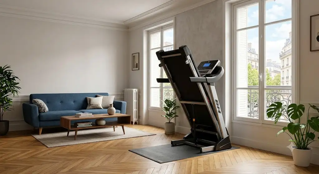 Tapis de course BH Fitness pliable installe dans un salon moderne pour entrainement a domicile